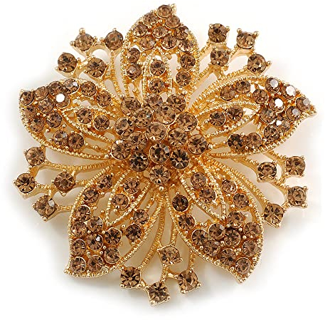 Avalaya Broche fleur en cristal marron caramel ton or – 55 mm de diamètre, taille unique, Pierre précieuse, métal