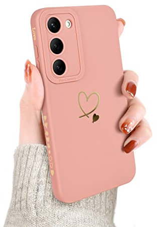 Newseego Coque Compatible avec Samsung Galaxy S23 5G Etui pour Filles Femmes, Doré Amour Coeur Motif Doux Silicone Liquide Mignon Coeur Bord Antichoc Housse de Protection pour Samsung Galaxy S23-Rose
