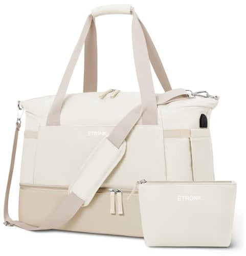 Gym Duffel Bag for Women, Sports Travel Bag with USB Charging Port, Weekender Overnight Bag with Wet Pocket and Shoes Compartment for Women Travel, Gym, Yoga (Beige/Khaki)