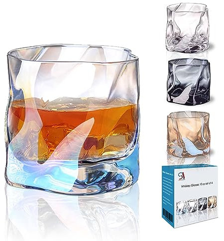StarLuckINT Whiskey Gläser 4er Set, 280ml Irregular Whisky Glasses, Dishwasher Safe Water Glasses, Whiskey Geschenke für Männer Personalisiert, Drinking Bourbon Scotch Rum Cocktail Cognac, 4 Farben