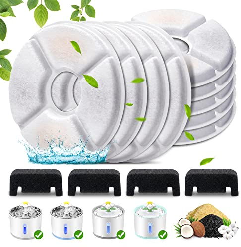 Katzenbrunnen-Ersatzfilter, 8er-Pack Katzen-Wasserbrunnenfilter & 4er-Pack Vorfilterschwämme für 2,4 l Haustierbrunnen, Dreifach-Filtrationssystem Aktivkohlefilter für Katzen-Hunde-Wasserspender
