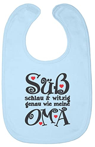 Shirtgeil Baby Lätzchen mit Spruch Süß Schlau und Witzig genau wie meine Oma Baby Latz One Size Hellblau