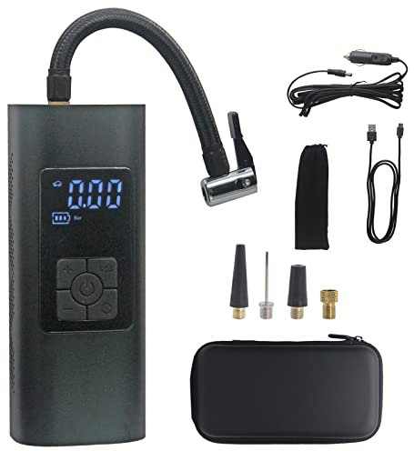 Gonfiatore Compressore Aria Portatile LQHLYN a Batteria Compressore Auto Monopattino Bicicletta Pneumatici 6.69inch Pollici di Lunghezza 150PSI 6000Mah Adattatori e scatole Nero