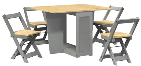 Foknhdi Corona 5-TLG. Butterfly-Esstisch-Set Grau Kiefernholz ausziehbar klappbar 114x92x75 cm platzsparend für kleinen Balkon Wohnküche Gartentisch mit Stühlen