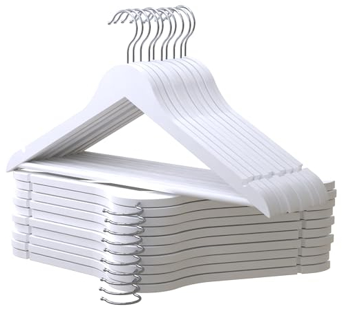 PORTENTUM Perchas de Madera, Set de 20, Blanco. Gancho Giratorio 360º, Perchas Pantalones, Colgador Antideslizante para Trajes, Chaquetas y Camisas, Muescas para Vestidos y Blusas, Perchero Ropa
