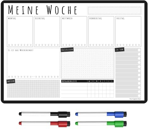 The Magnet Shop Wochenplaner Abwischbar Magnetisch | Whiteboard für den Kühlschrank, inkl. Markers & Radierer | für Menü & Familienplanung (42 x 30cm [A3], schwarz & weiß) DE-TMS-WEEKLY-A