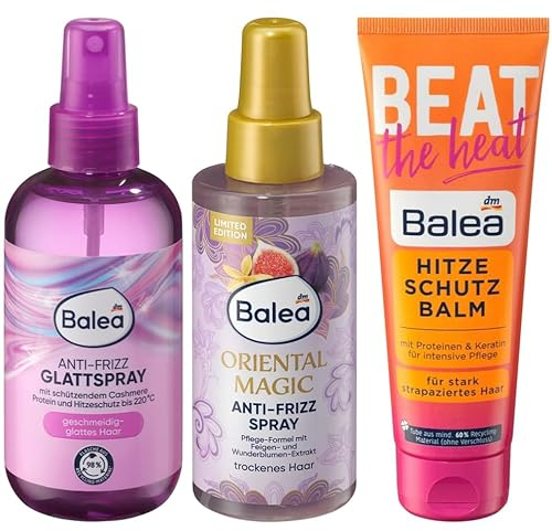 Balea 3er-Set Haarpflege: Anti-Frizz GLATT SPRAY für geschmeidig-glattes Haar mit Cashmere-Protein (200 ml) + Anti-Frizz-Spray ORIENTAL MAGIC (150 ml) + Hitzeschutzbalm BEAT THE HEAT (125 ml), 475 ml