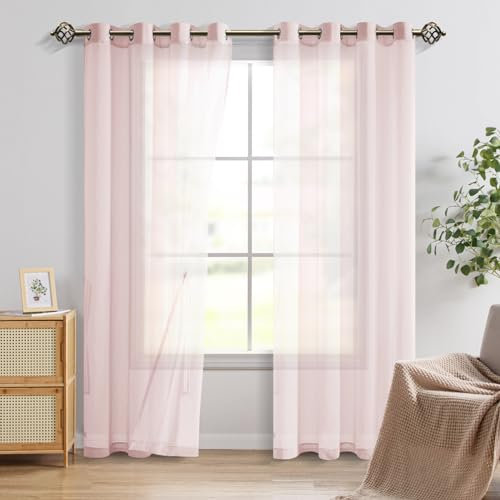 JuFang Gardinen 2er Set Volie Gardinen mit Ösen Gardinen Wohnzimmer Gardinen Rosa Vorhänge Schlafzimmer Sheer Curtains Gardine Transparent Vorhang Rosa 225x140cm(HxB)