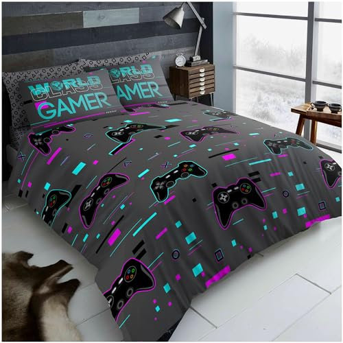 GC GAVENO CAVAILIA Gamer Duvet Cover For Boys Girls, Game Bedding Set Double, Kids Video Gamepad Comforter Cover - Game Controller Bedroom Décor Bedding, Charcoal