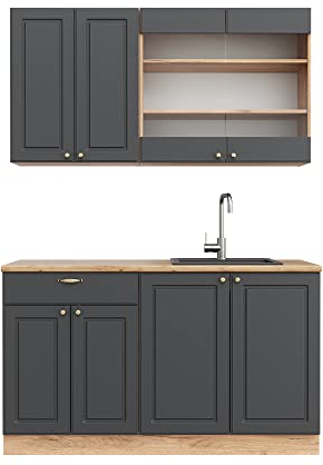 Vicco Singleküche Fame-Line, Anthrazit Landhaus/Goldkraft Eiche, 140 cm, AP Eiche