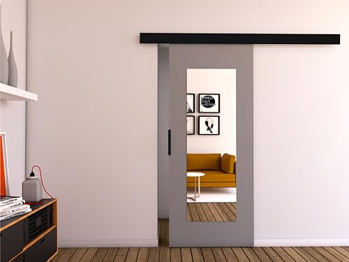 MINIO - Porte Coulissante Interieur 106 cm avec Miroir, Système Porte Coulissante PRIM I, Porte Interieur, Montage Mural, Portes Coulissantes, Portes de Chambre - Gris/Noir