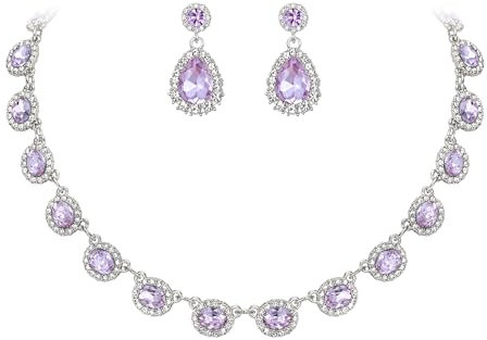 Clearine Prom Costume Jewellery, Oval Crystal Collar Statement Necklace Teardrop Pierced Dangle Earrings Weddding Jewellery Set for Women Bridal Bridesmaids Light Purple Silver-Tone