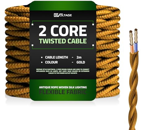 DC VOLTAGE 2m 2 Core Twisted Cable Flexible Wire Lamp Cord, 2 Conductor 6.5ft Fabric Covered Electrical Cable Antique Style Wiring Cloth Covered Braided DIY Lighting Electrical Cord (Gold)
