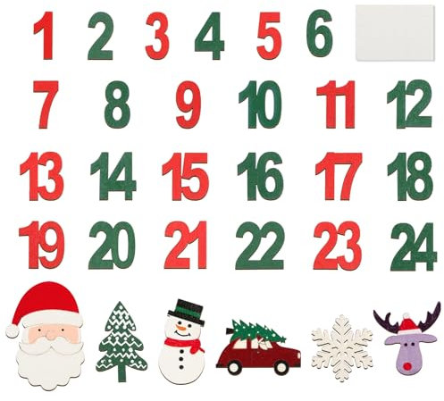 BOFUNX 30 Stücke Adventskalender Holzzahlen 1-24 und Mini Weihnachtsdeko Holzdeko Streudeko Weihnachten Ornamente für DIY Basteln Geschenk Handwerk