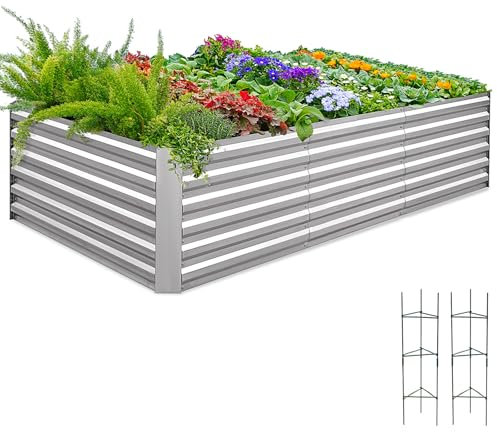 Quictent Hochbeet Metall 244x122x56cm, Wetterfestes Erhöhte Extragroße Pflanzenbeet, Gemüsebeet Pflanzkasten Frühbeet mit Tomatenkäfigen, Gartenbeet für Garten,Silber