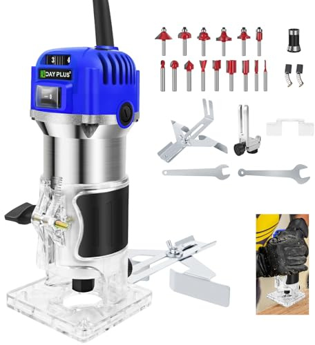 Oberfräse 800 W mit Hartmetall-Fräsersatz, 40 mm Hubhöhe, Leerlaufdrehzahl 4000-27000 min-1, einstellbare Drehzahl, Staubsaugeranschluss, Fräsersatz, Aluminiumkoffer