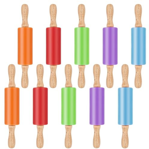 10 Pack Mini Rolling Pin for Kids, 23cm Silicone Rolling Pins with Wooden Handle, Small Non Stick Rolling Pin Bulk Dough Roller for Kitchen Baking Pastry Pizza (Orange, Red, Green, Purple, Blue)