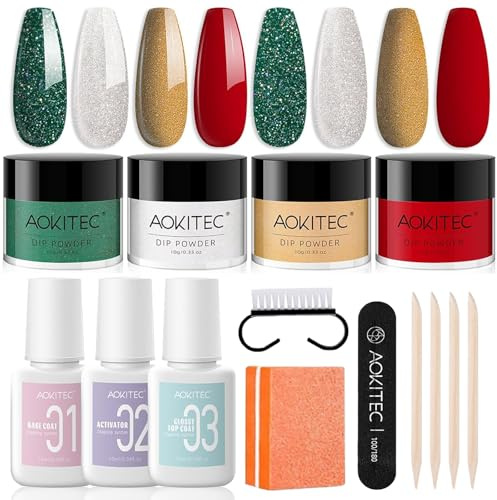 Aokitec 15-teiliges Dipping Powder Nails Set, Adventskalender 2025 Frauen, 4 Christmas Colors Dip Powder mit Rosa Nail Repair Powder Dip Liquid Set, Nagelpuder für Weihnachten, Weihnachtskalender 2025