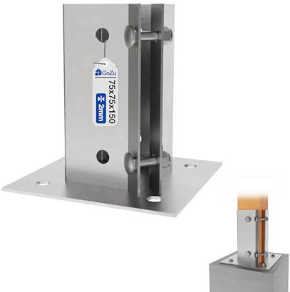 GeZu Impex Swift Clamp Bolt Down Post Support 75 x 75 mm Hot Dip Galvanised Post Base Bracket Fence Foot Base Square Bracket Bolt Down Post Shoe