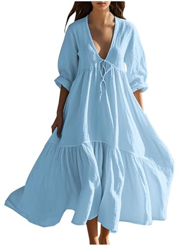 Femme Robe Boheme Chic Coton Lin Manches Longues/Manches Courtes Robe Col V Elegant Robes Swing D'éTé Plage DéContracté Maxi Robes Grande Taille Couleur Unie BohèMe Mi-Longue Dress