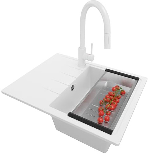 PRIMAGRAN Evier Cuisine en Granit au Meuble 40cm + Robinet, 62x50cm | Set: Robinet BW9010 + Kit de Vidage (Siphon, bonde d’évacuation, trop-plein) + Lavabo 1 Bac - Milan, Blanc