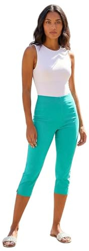 Roman Cropped Trousers for Women UK Ladies Capri Leggings Summer Pants Short Crop Stretch 3/4 Length Three Quarter Pedal Pusher Clothes Elasticated Bengaline Cut Off - Aqua - Size 18