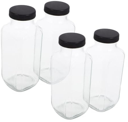 Abaodam 4pcs Portable Cup Water Bottles Square Juice Bottles Reusable Water Bottles Glass Milk Bottle with Lid Smoothie Containers Tumbler with Straw Vintage Soda Lime Glass re-usable