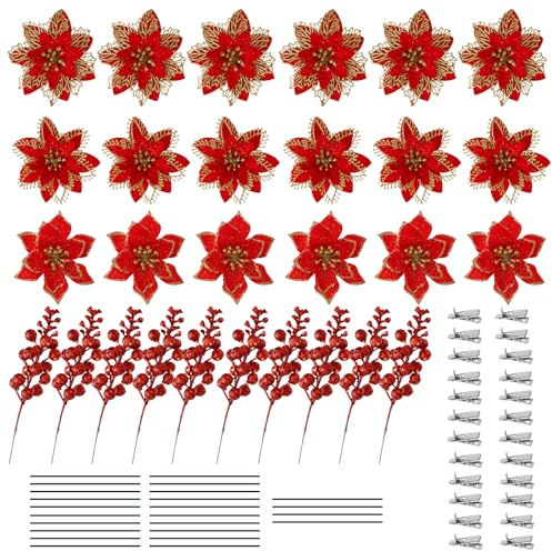 34 Pièces Fleur de Noël pour Sapin, Fleurs de Noel Artificielles Glitter | Fleurs Artificielles, Branches de Baies Artificielles, pour Guirlande Fête Mariage Nouvelle Année Décoration (Rouge)