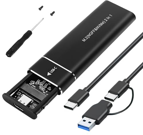 M.2 NVME SSD Enclosure, 10Gbps M.2 Enclosure with Dual Protocol of NVME&SATA USB C/A to NVME Adapter Aluminum USB External SSD Case for B&M-Key/M-Key 2230/2242/2260/2280 SSDs With 2-in-1 Cable