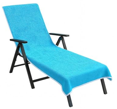 Liegenauflage mit Kapuzenüberschlag 200x75 cm aus Baumwolle Frottee Handtuch, Schonbezug für Gartenliege, Sonnenliege und Liegestuhl, universell passend, waschbar, Farbe wählbar. (Türkisblau)
