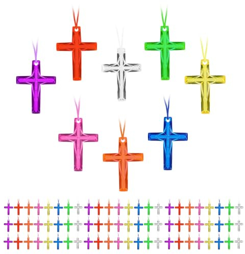 104 Pcs Crystal Cross Necklace Bulk Items Plastic, Christian Gifts Bulk Kids Cross Necklace for Girls, Christian Party Favors Religious Gifts for Kids for Easter Bible School Christmas, 8 Colors
