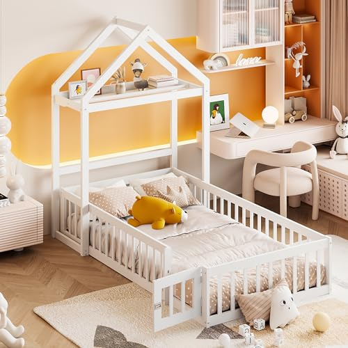 Yihomfy 2in1 Bodenbet 140x200cm, Kinderbett 140x200 cm Kinderbett Bodenbett mit Sicherheitsgitter Lattenrost Montessori Bett Bed Gitterbett Hausbett Holzbett Bettgestell Jugendbett, Weiß