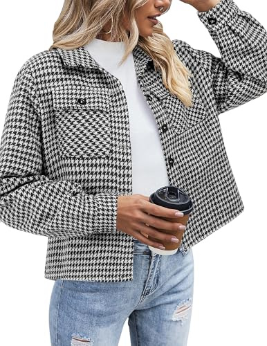 Zeagoo Damen Flanell Jacke Karierte Langarm Kurzjacke Revers Button-Down Shacket Mantel