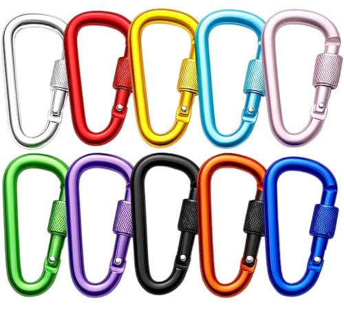 10 PCS 6cm Locking Carabiners, Aluminium Alloy Spring-Loaded D-Ring Carabiners with Screw Lock, Small Carabiner Keychain Clips for Camping, Hiking, Fishing, Travelling, Outdoor Gear Accessories