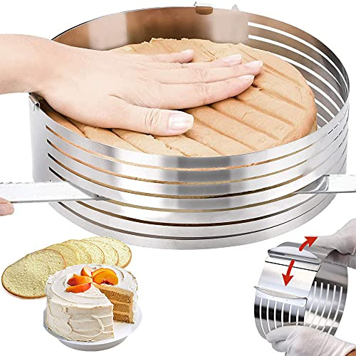Cake Ring 9-12 Inch, Adjustable Stainless Steel Mousse Cake Mould Slicer for Baking, Round 7 Layered Cake Cutter Tin Layering Mold Tool (Silver, 24-30 cm)
