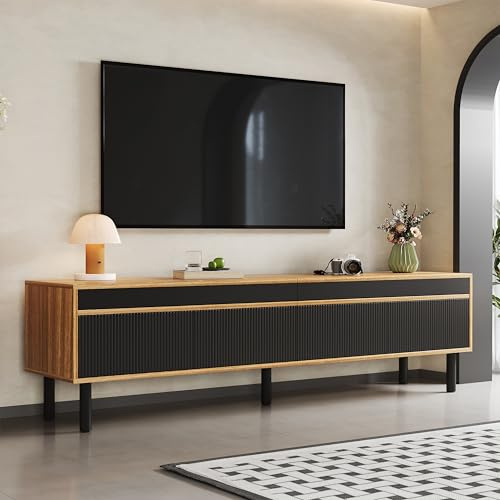 BTM Mobiletto TV Moderno con 4 Ante, Mobile Porta TV con Spazio di Archiviazione Mobile Soggiorno, Nero + Legno 170 cm x 38cm