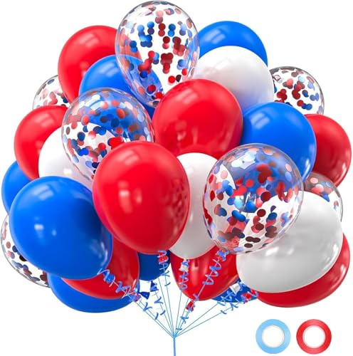 Ovanda 50 Stück Luftballons Rot Blau Weiß, 30 cm Latex Ballons Set | Konfetti Ballons & 2 Rollen Band, Helium Ballons Party Deko für Fußball Fanparty, Geburtstag, Karneval,Länderparty Mottoparty