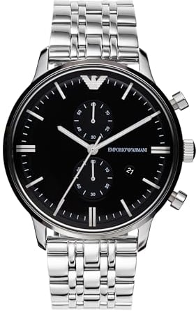 Emporio Armani Watch For Men, 2 sub dial Chronograph Movement and 43mm Case Size with Stainless steel, Leather or Silicone strap Silberton und Schwarz , 43MM