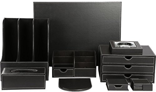 KINGFOM™ 9pcs Leder Schreibtisch Organizer Set -- Inklusive Schreibtisch Organisator, Schubladenbox, Schreibunterlage , Kosmetiktücherbox , Zeitschriftensammler Halter , Untersetzer, Mauspad, Aschenbecher und Zettelbox (T04-Schwarz)