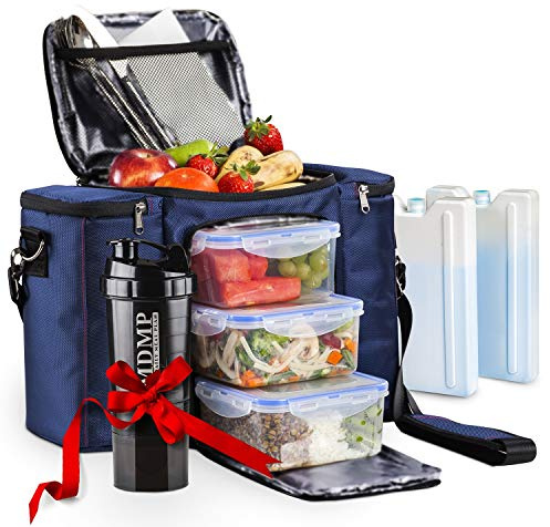 Meal Prep Lunch Bag/Box for Men, Women + 3 Large Food Containers (45 Oz.) + 2 Big Reusable Ice Packs + Shoulder Strap + Shaker with Storage. Insulated Lunchbox Cooler Portion Control Set (Navy Blue)