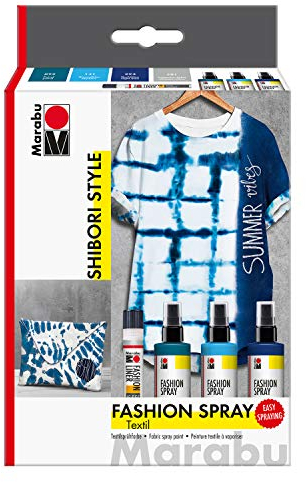 Marabu 1719000000095 - Fashion Spray, Shibori, Textilsprühfarbe auf Wasserbasis, für helle Textilien, einfache Fixierung, waschbeständig bis 40°C, 3 x 100 ml Farbe und 25 ml Fashion Liner