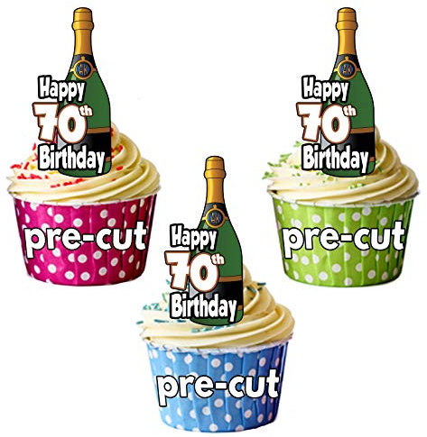 AK Giftshop Happy 70th Birthday Champagne Bottles - Precut Edible Cupcake Toppers/Cake Decorations - Mens - Ladies - Celebrations - Party (Pack of 24)