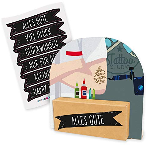 itenga Geldgeschenk oder Gutschein Verpackung Geschenkaufsteller Motiv/Anlass Tattoo Piercing Körperschmuck modern mit Stickerbogen aus Karton 12x11,5cm