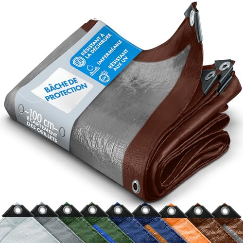 casa pura - Bâche de Protection en polyéthylène - Bâche ultra étanche - Couverture imperméable pour véhicule travaux remorque - Résistant au UV - avec œillets en acier - 80 g/m², Marron-Argent 1,5x6 m