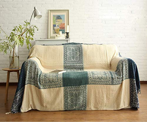 Chenille Überwurf Decke, Jacquard Quasten Überwurf Decke Sofa Stuhl Bezug Dekorative für Bett Couch, Sessel, Folk Tribal Muster (Beige, 220 x 250 cm)