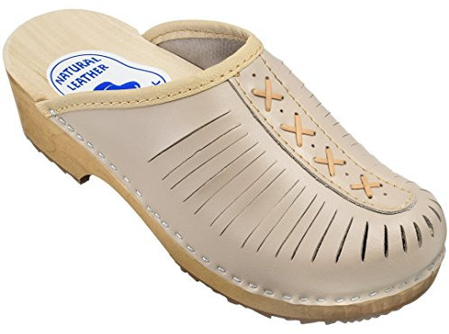 ESTRO Clogs Damen Holz Leder - Holzclogs Damen Clogs Leder Holzschuhe mit rutschfest Sohle CDL01 (39, CDL01 Cappuccino)