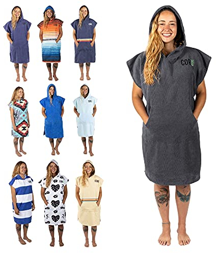 COR Surf Handtuch Poncho für Erwachsene - Weicher, schnell trocknender Bade Poncho aus Mikrofaser, Kapuzenhandtuch mit Taschen, leicht und farbecht, erhältlich, Grau, M