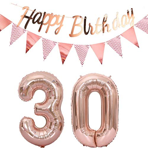 Luftballons 30.geburtstag deko frauen rosegold+Happy Birthday Girlande +Wimpelkette 40Zahlen Ballon 30 Luftballons 30 Jahre Geburtstag Dekoration frau Geburtstagdeko 30 Geburtstag deko rosegold(30)