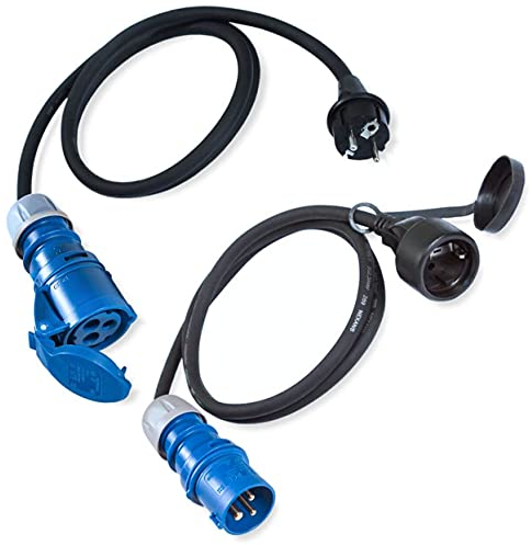 IntuiFlex Juego de 2 adaptadores Enchufe Camping – 1,5 m Cable Adaptador H07RN-F 3G2,5 3 x 2,5 mm 230 V 16 A IP44 – Adaptador Industrial con 1 Toma Schuko en Enchufe CEE y Enchufe Schuko en Toma CEE