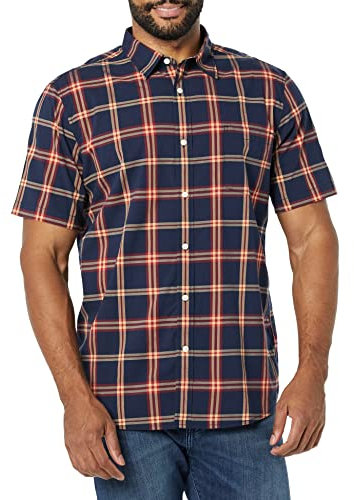 Amazon Essentials Men's Slim-Fit Short-Sleeve Poplin Shirt, Navy Red Plaid, M
